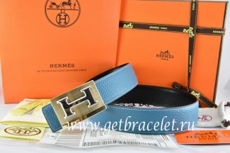 Hermes Reversible Belt Blue/Black Togo Calfskin With 18k Gold Big H Buckle