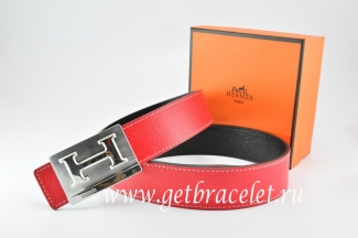 Hermes Reversible Belt Red/Black Togo Calfskin With 18k Silver Big H Buckle