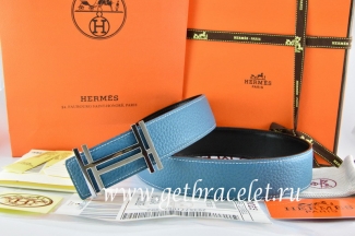 Hermes Reversible Belt Blue/Black Togo Calfskin With 18k Silver Double H Buckle