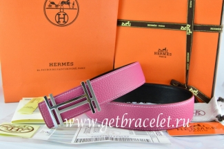 Hermes Reversible Belt Pink/Black Togo Calfskin With 18k Silver Double H Buckle