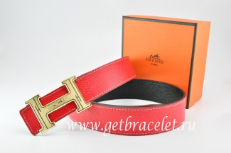 Hermes Reversible Belt Red/Black Togo Calfskin With 18k Gold Geometric Stripe H Buckle