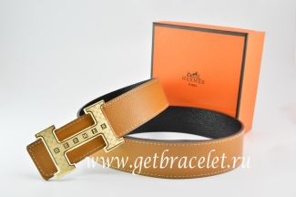 Hermes Reversible Belt Light Coffe/Black Togo Calfskin With 18k Gold Weave Stripe H Buckle