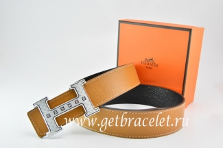 Hermes Reversible Belt Light Coffe/Black Togo Calfskin With 18k Silver Weave Stripe H Buckle