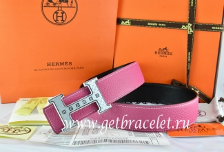 Hermes Reversible Belt Pink/Black Togo Calfskin With 18k Silver Weave Stripe H Buckle