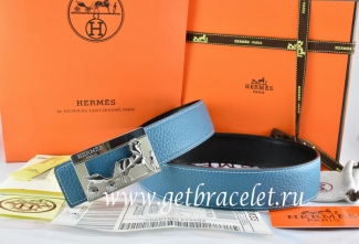 Hermes Reversible Belt Blue/Black Togo Calfskin With 18k Silver Coach H Buckle