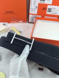 Hermes Reversible Belt Black Togo Calfskin With 18k Silver H Buckle