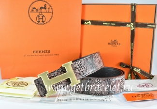 Hermes Reversible Belt Brown/Black Snake Stripe Leather With 18K Drawbench Gold H Buckle