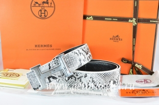 Hermes Reversible Belt White/Black Snake Stripe Leather With 18K Silver Geometric Stripe H Buckle