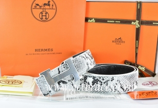 Hermes Reversible Belt White/Black Snake Stripe Leather With 18K Silver Wave Stripe H Buckle