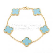 Van Cleef & Arpels Vintage Alhambra Bracelet 5 Motifs Yellow Gold With Turquoise Mother Of Pearl