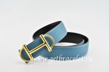 Hermes Reversible Belt Blue/Black Anchor Chain Togo Calfskin With 18k Gold Buckle