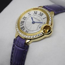 Ballon Bleu de Cartier small swiss quartz watch diamond yellow gold purple leather strap