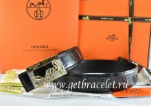 Hermes Reversible Belt Black/Black Crocodile Stripe Leather With18K Gold Coach Buckle