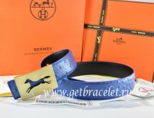 Hermes Reversible Belt Blue/Black Ostrich Stripe Leather With 18K Gold Hollow Horse Buckle