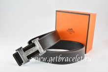 Hermes Reversible Belt Black/Black Togo Calfskin With 18k Silver Geometric Stripe H Buckle