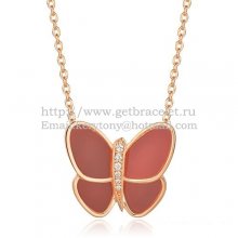 Van Cleef & Arpels Flying Butterfly Pendant Necklace Pink Gold With Red Onyx Diamonds