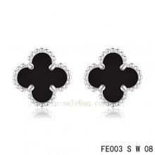 Fake Van Cleef & Arpels Clover Onyx White Gold Earrings