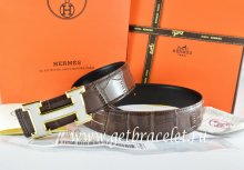 Hermes Reversible Belt Brown/Black Crocodile Stripe Leather With18K White Gold H Buckle