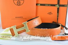 Hermes Reversible Belt Orange/Black Ostrich Stripe Leather With 18K Drawbench Gold H Buckle