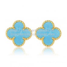 Van Cleef & Arpels Sweet Alhambra Earrings 15mm Yellow Gold With Turquoise Mother Of Pearl