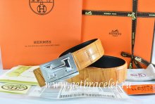 Hermes Reversible Belt Orange/Black Crocodile Stripe Leather With18K Silver Big H Buckle