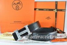 Hermes Reversible Belt Black/Black Snake Stripe Leather With 18K Silver Spot Stripe H Buckle