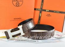 Hermes Reversible Belt Brown/Black Crocodile Stripe Leather With18K White Silver H Buckle