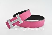 Hermes Reversible Belt Pink/Black Classics H Togo Calfskin With 18k Silver With Logo Buckle