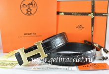 Hermes Reversible Belt Black/Black Crocodile Stripe Leather With18K Drawbench Gold H Buckle