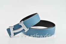 Hermes Reversible Belt Blue/Black Fashion H Togo Calfskin With 18k Silver Buckle