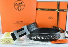 Hermes Reversible Belt Black/Black Ostrich Stripe Leather With 18K Silver H Buckle