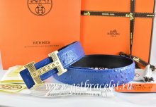 Hermes Reversible Belt Blue/Black Ostrich Stripe Leather With 18K Gold Stripe Logo H Buckle