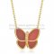 Van Cleef & Arpels Flying Butterfly Pendant Necklace Yellow Gold With Red Onyx Diamonds