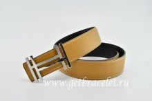 Hermes Reversible Belt Light Coffee/Black H au Carre Togo Calfskin With 18k Silver Buckle