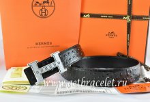 Hermes Reversible Belt Black/Black Ostrich Stripe Leather With 18K Silver Weave Stripe H Buckle