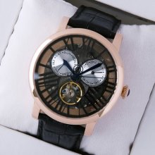 Rotonde de Cartier tourbillon skeleton watch for men 18K pink gold black leather strap