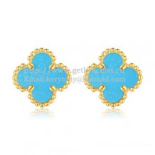 Van Cleef & Arpels Sweet Alhambra Earrings 9mm Yellow Gold With Turquoise Mother Of Pearl