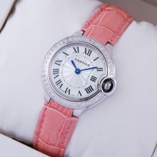 Ballon Bleu de Cartier small swiss quartz watch diamond white gold pink leather strap