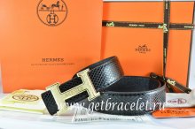 Hermes Reversible Belt Black/Black Snake Stripe Leather With 18K Gold Bamboo Strip Logo H Buckle