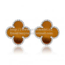 Van Cleef & Arpels Sweet Alhambra Earrings 15mm White Gold With Tiger's Eye Mother Of Pearl