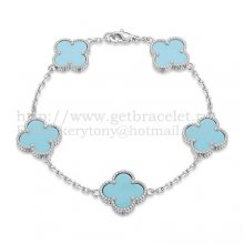 Van Cleef & Arpels Vintage Alhambra Bracelet 5 Motifs White Gold With Turquoise Mother Of Pearl