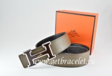 Hermes Reversible Belt Light Gray/Black Togo Calfskin With 18k Black Silver Logo H Buckle