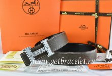 Hermes Reversible Belt Brown/Black Togo Calfskin With 18k Silver Weave Stripe H Buckle