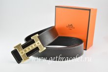 Hermes Reversible Belt Black/Black Togo Calfskin With 18k Gold Stripes Logo H Buckle