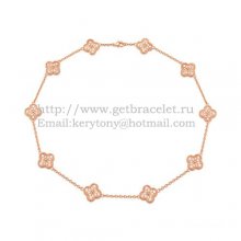 Van Cleef & Arpels Vintage Alhambra Long Necklace Pink Gold 10 Motifs With Pave Diamonds