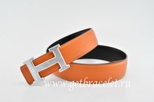 Hermes Reversible Belt Orange/Black Classics H Togo Calfskin With 18k Silver With Logo Buckle