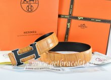 Hermes Reversible Belt Orange/Black Crocodile Stripe Leather With18K Black Silver Width H Buckle