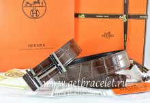 Hermes Reversible Belt Brown/Black Crocodile Stripe Leather With18K Silver H au Carre Buckle