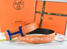 Hermes Reversible Belt Orange/Black Ostrich Stripe Leather With 18K Blue Silver Narrow H Buckle