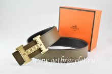 Hermes Reversible Belt Light Gray/Black Togo Calfskin With 18k Gold Weave Stripe H Buckle